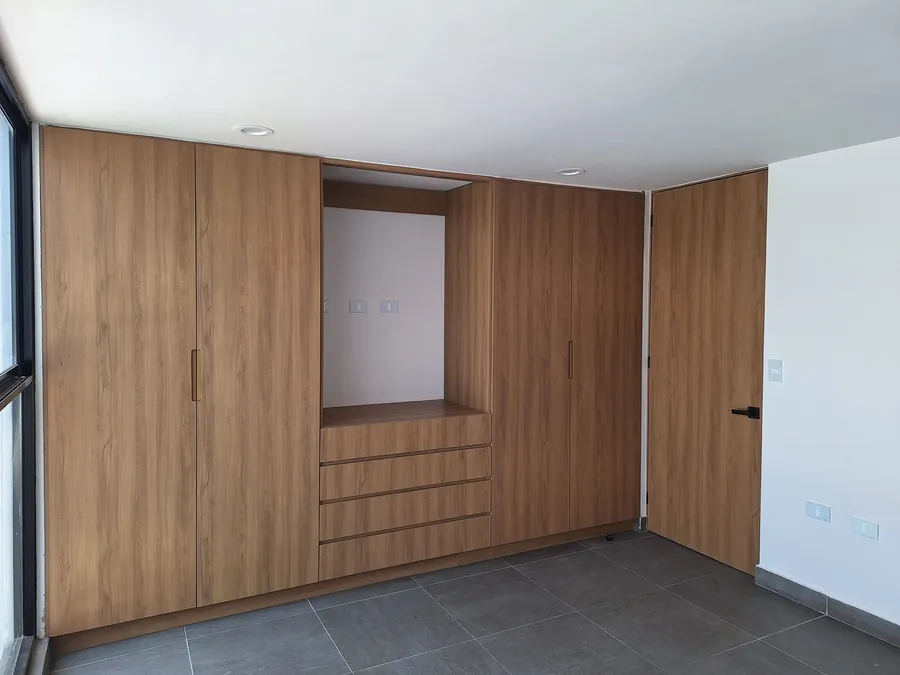 Muro de mobiliario de madera integrado — casa Missouri 99 en el corredor Angelópolis, Puebla