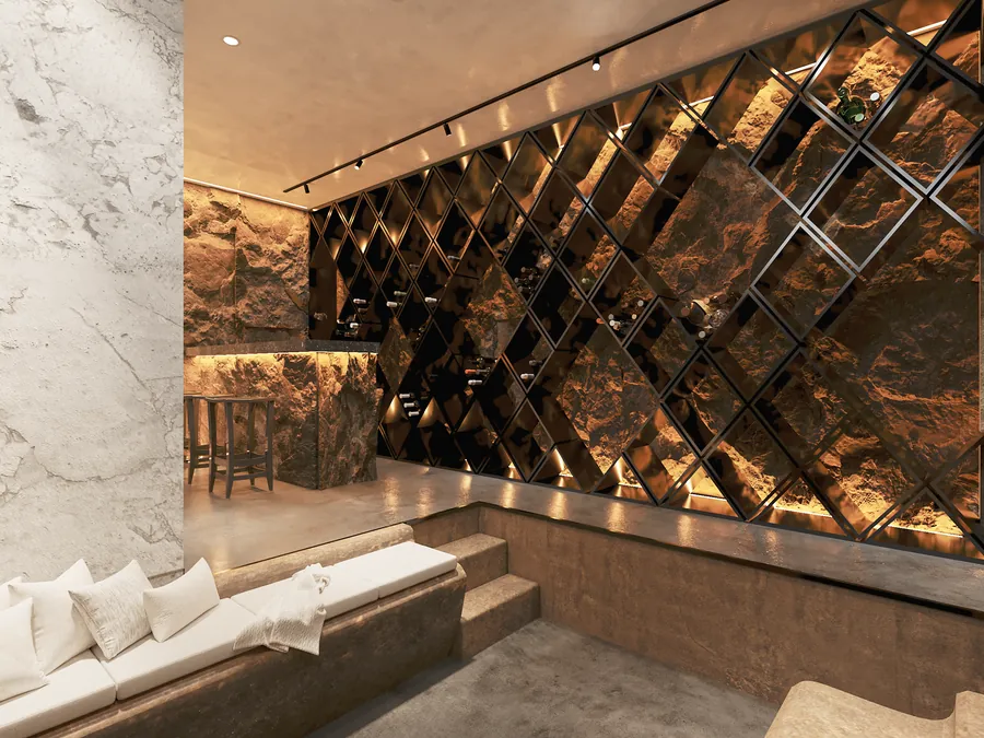 Render de cava de vinos con rack diagonal y piedra — render de anteproyecto arquitectónico de Prisma Habita, Puebla