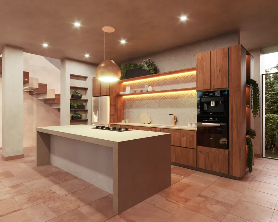 Render de cocina con isla de madera — render de anteproyecto arquitectónico de Prisma Habita, Puebla