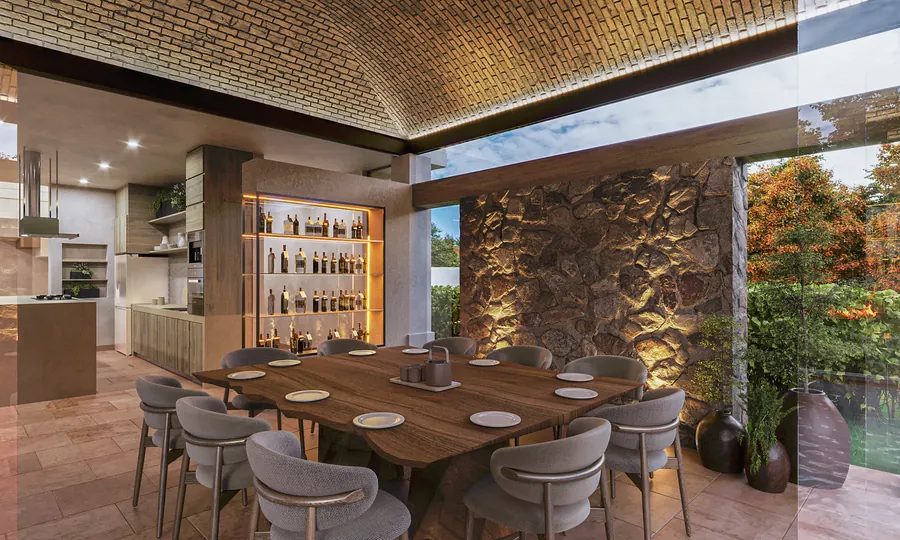 Render de comedor con plafond tejido y muro de piedra — render de anteproyecto arquitectónico de Prisma Habita, Puebla