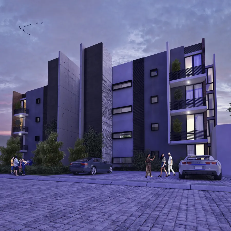 Render de edificio residencial al anochecer — render de anteproyecto arquitectónico de Prisma Habita, Puebla