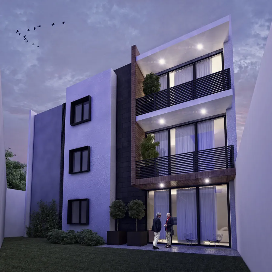 Render de conjunto residencial al anochecer — render de anteproyecto arquitectónico de Prisma Habita, Puebla