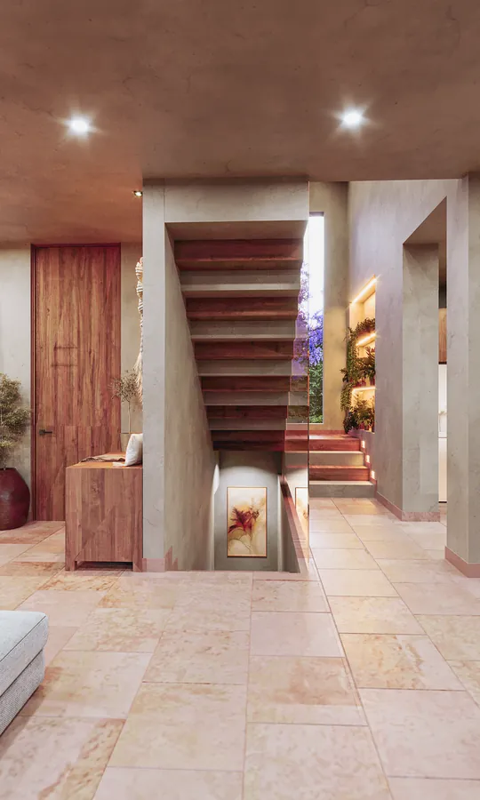 Render de escalera con doble altura — render de anteproyecto arquitectónico de Prisma Habita, Puebla