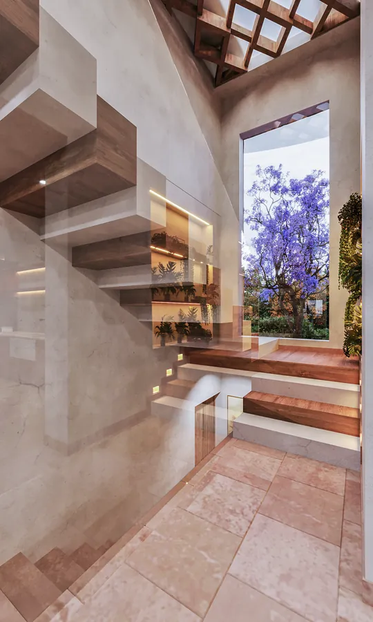 Render de escalera con vista a jardín y jacaranda — render de anteproyecto arquitectónico de Prisma Habita, Puebla