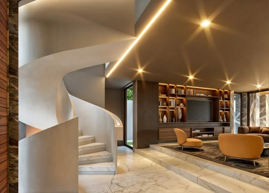 Render de escalera de caracol y sala cálida — render de anteproyecto arquitectónico de Prisma Habita, Puebla