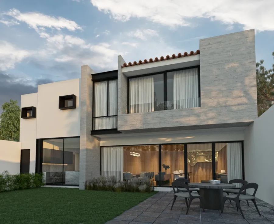 Render de fachada contemporánea Casa Calabria — render de anteproyecto arquitectónico de Prisma Habita, Puebla