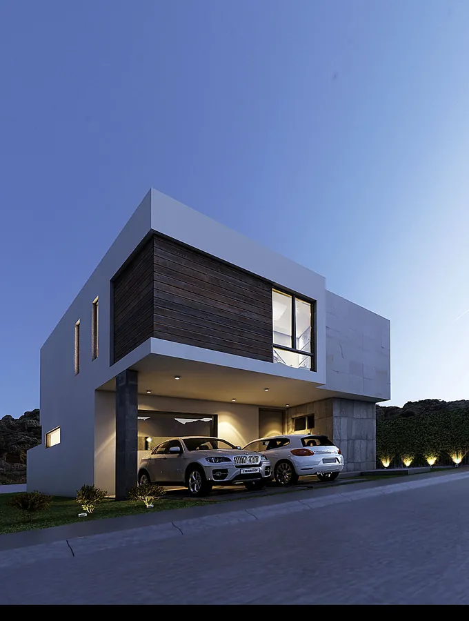 Render de fachada moderna al anochecer, proyecto Cipreses — render de anteproyecto arquitectónico de Prisma Habita, Puebla
