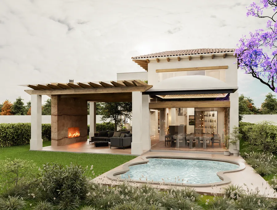 Render de jardín con pérgola, chimenea y alberca al anochecer — render de anteproyecto arquitectónico de Prisma Habita, Puebla