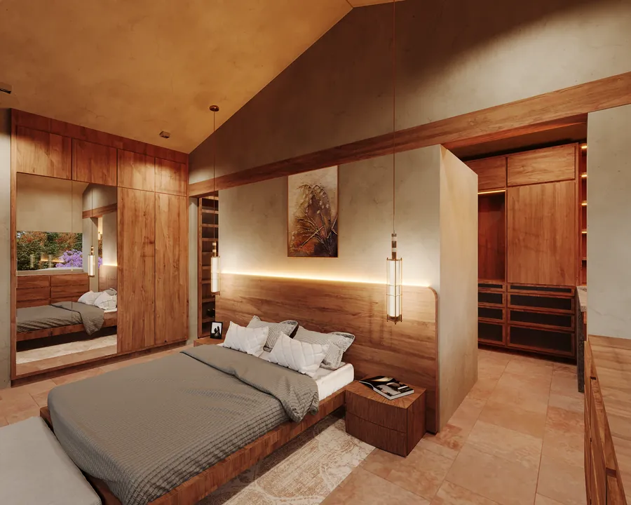 Render de recámara cálida con cabecera de madera — render de anteproyecto arquitectónico de Prisma Habita, Puebla