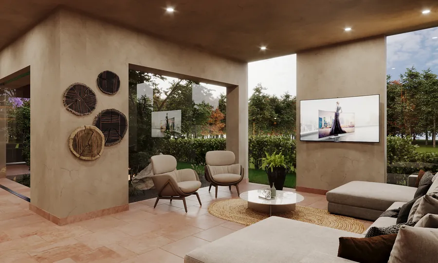 Render de sala cálida abierta al jardín — render de anteproyecto arquitectónico de Prisma Habita, Puebla