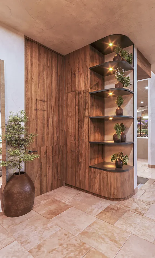 Render de vestidor de madera con iluminación — render de anteproyecto arquitectónico de Prisma Habita, Puebla